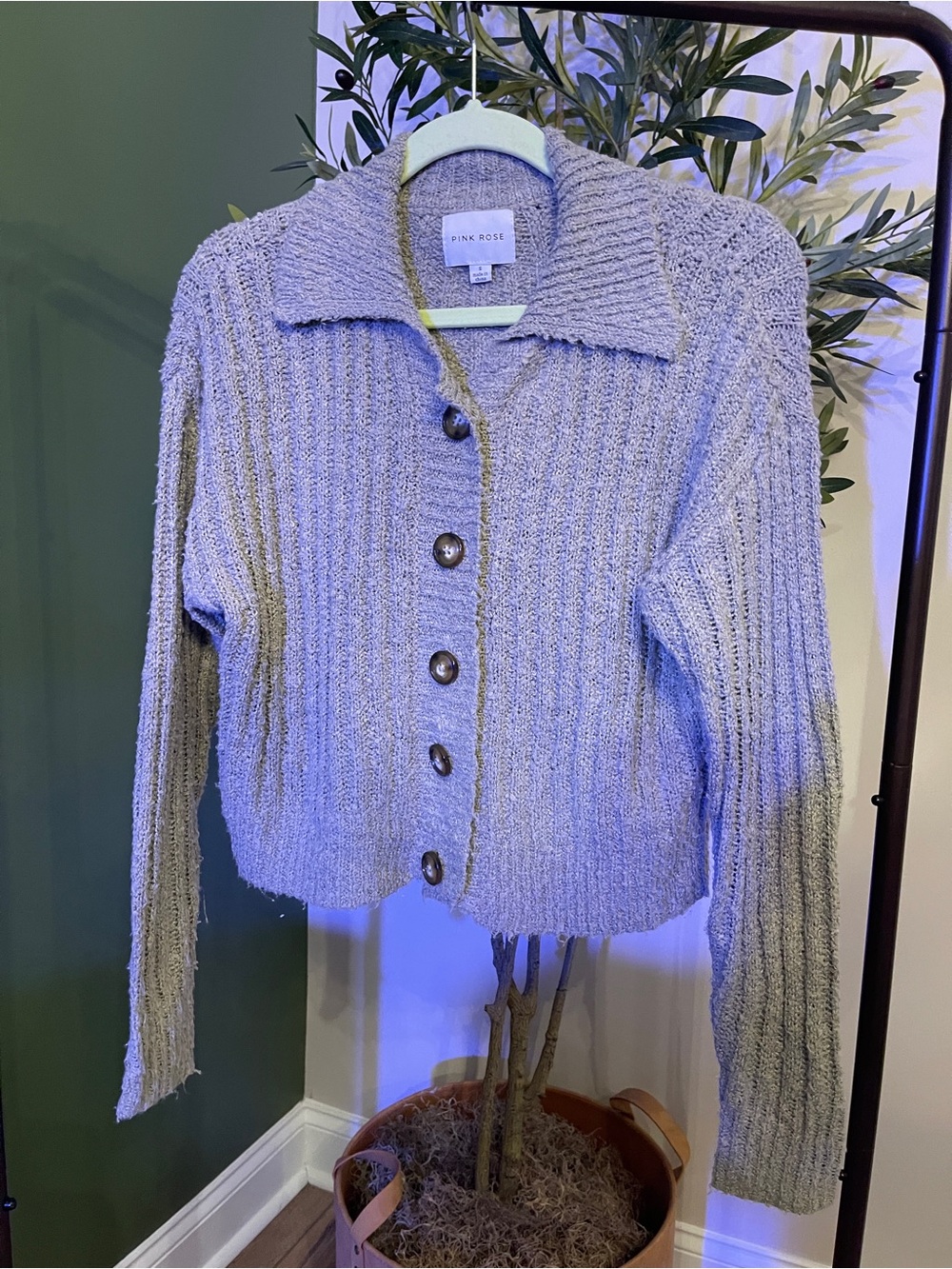 Pink Rose Lavender Button-Up Ribbed Cardigan Sweater